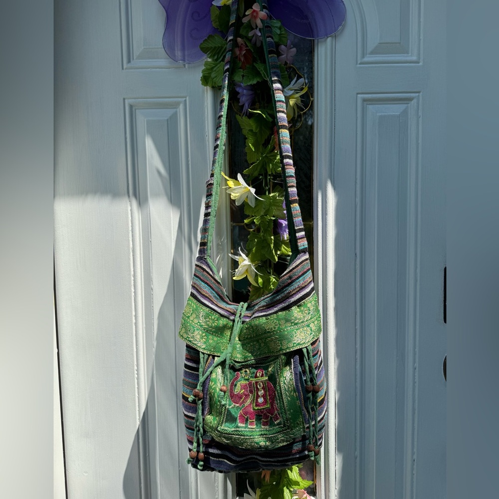 Elephant Mirrors Gold Crossbody Pink Green Purple Fabric Festival Bag medium
